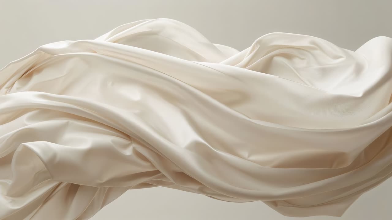 Billowing cream satin fabric moving right across studio, with off-frame fan creating soft flow