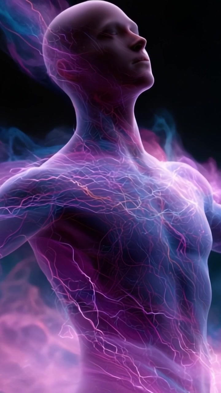 A Captivating Journey of Transformation Revealed Through Ethereal Energy and Colorful Light Interplay in a Dynamic Abstract Display of Human Essence