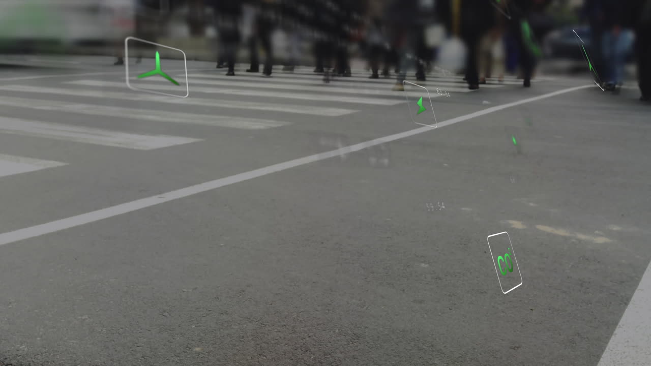 Animation overlaying digital speed and direction indicators on blurred street scene