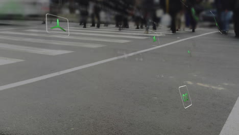 animation overlaying digital speed and direction indicators on blurred street scene