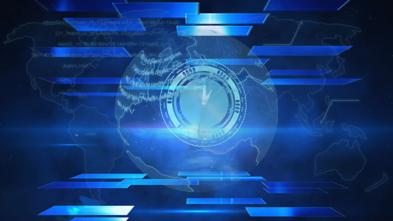 Animation of globe and clock moving fast with digital screens