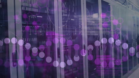 animación del procesamiento de datos y la cadena de adn sobre la sala del servidor