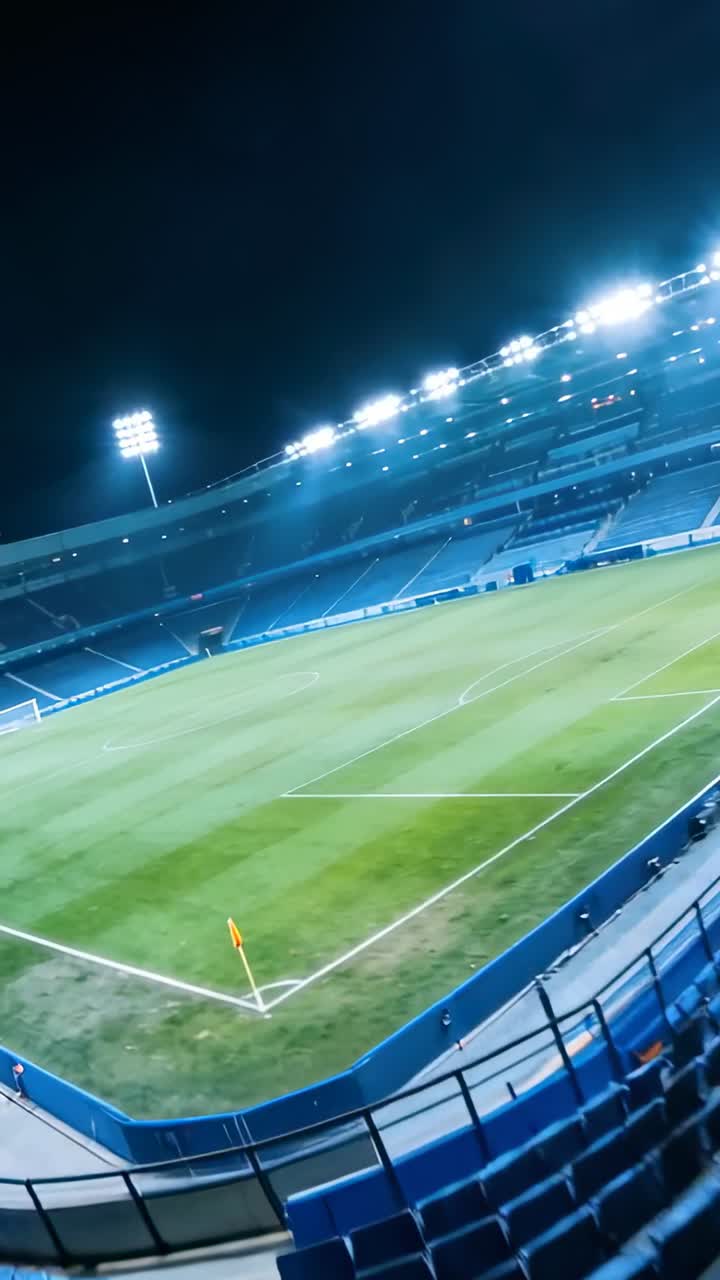Video verticale: Inizio di una panoramica della telecamera che rivela un campo da stadio vuoto di notte, mostrando la bandierina d'angolo