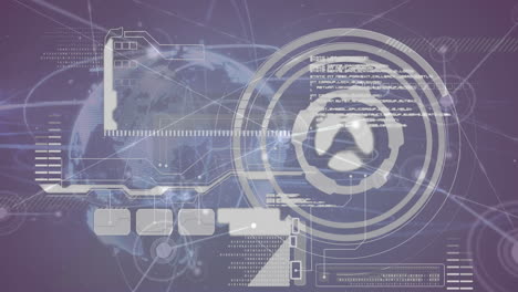 animation of network of connections, globe and data processing on grey background