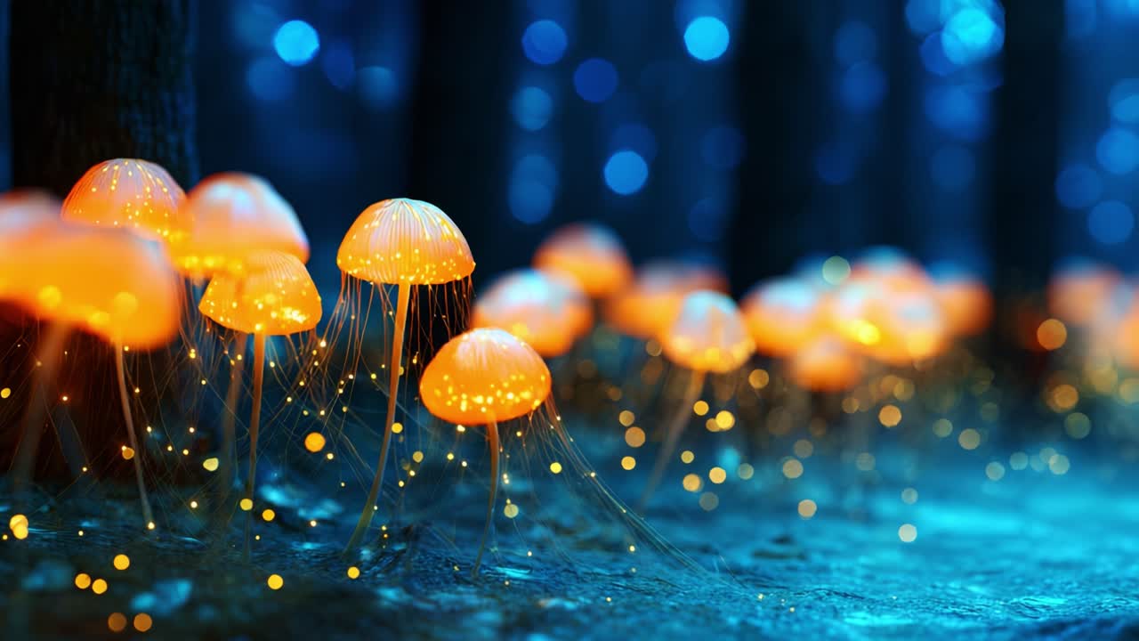 A Captivating Scene of Glowing Jellyfish Creatures Surrounded by Mystical Blue Forest Lights, Creating an Ethereal Atmosphere in the Depths of Enchanting Fantasia