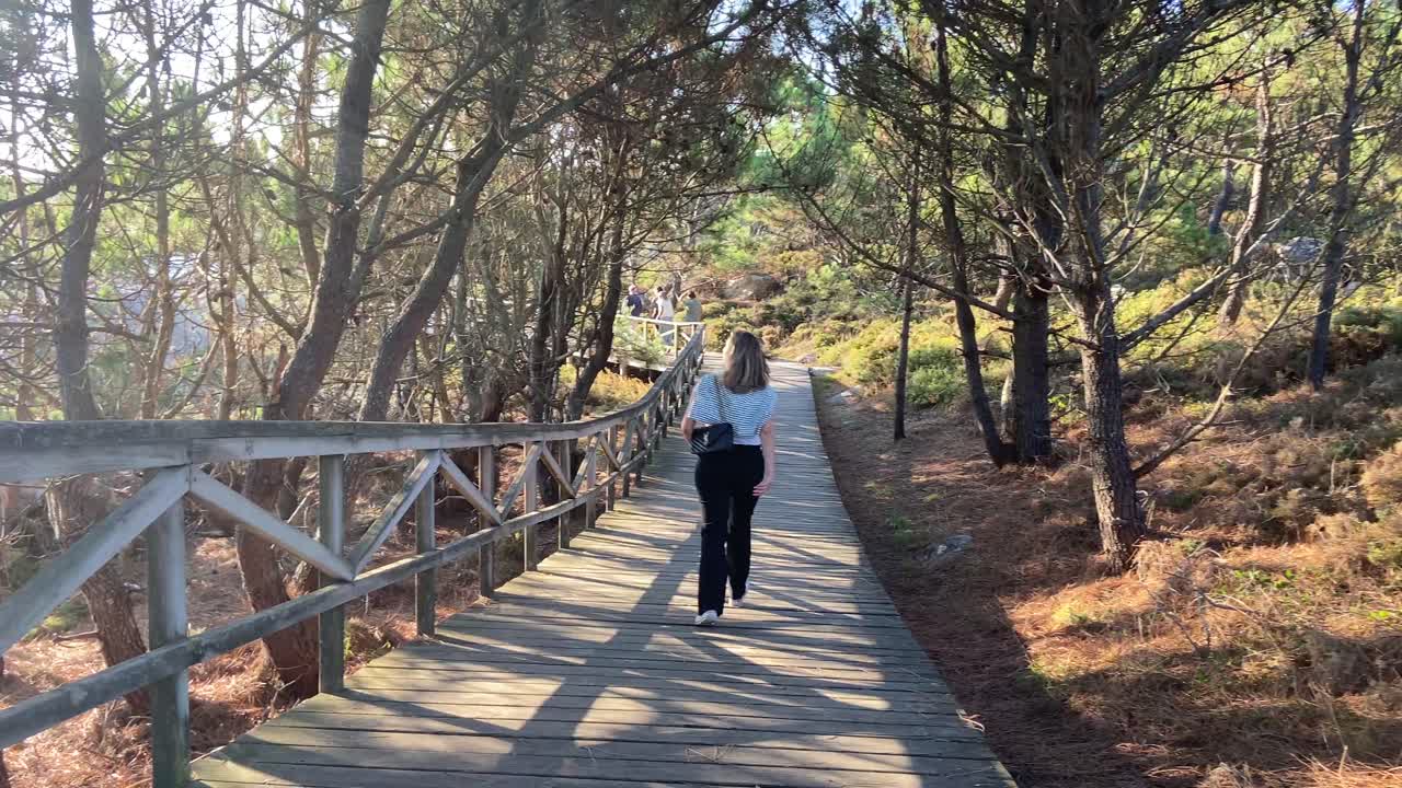 mujer caminando por un hermoso camino mediterráneo a través del bosque