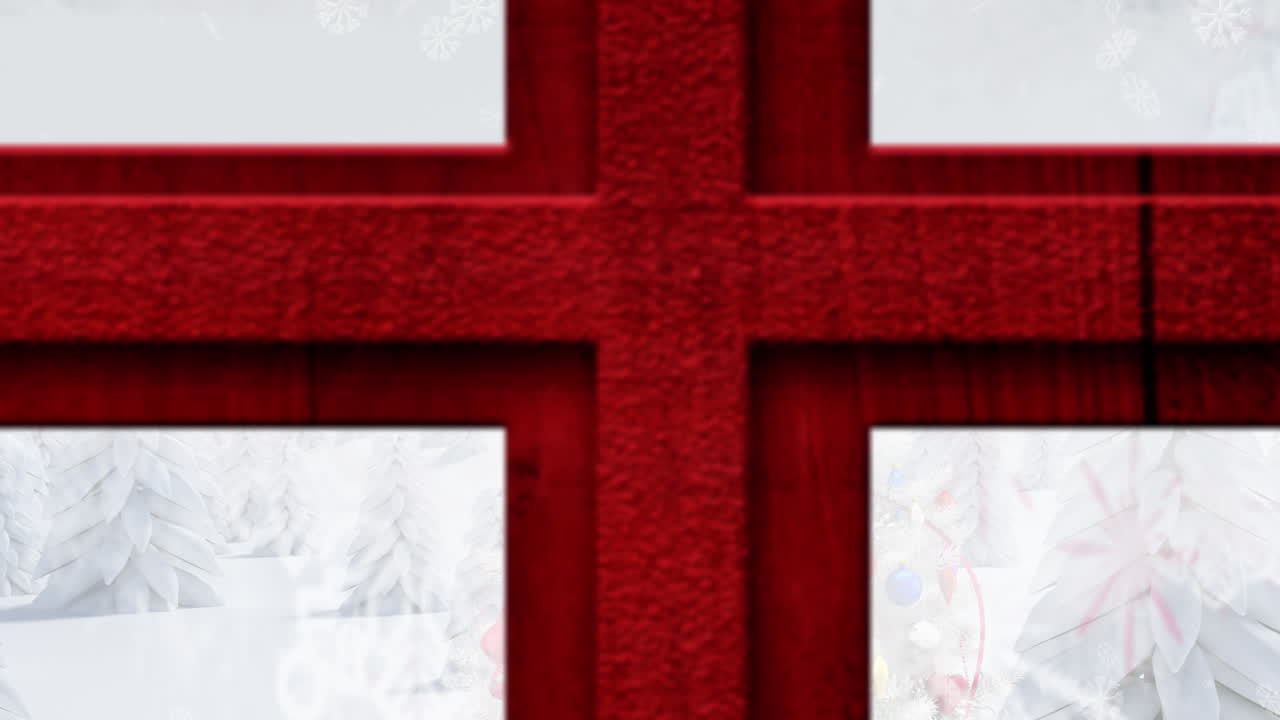 크리스마스 트리 와 겨울 풍경 의 애니메이션 이 창문 을 통해 보이는 눈 이 떨어지고 있다