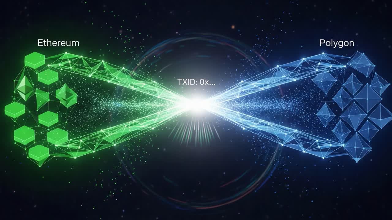 Visual Representation of Blockchain Technology Showcasing Ethereum and Polygon Interoperability with a Futuristic Digital Design and Data Elements in Dynamic Form