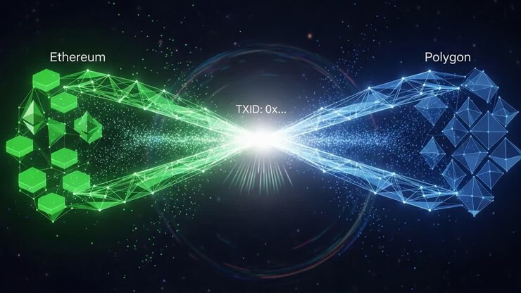 Visual Representation of Blockchain Technology Showcasing Ethereum and Polygon Interoperability with a Futuristic Digital Design and Data Elements in Dynamic Form