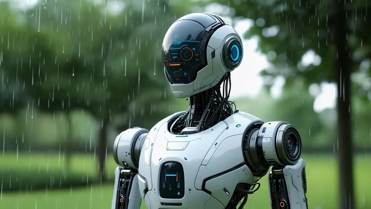 robot avanzado en un parque lluvioso