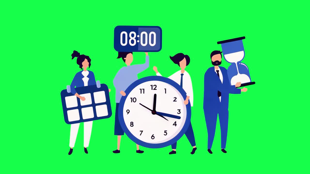 Time management teamwork illustration animation, transparent 4K video, green screen