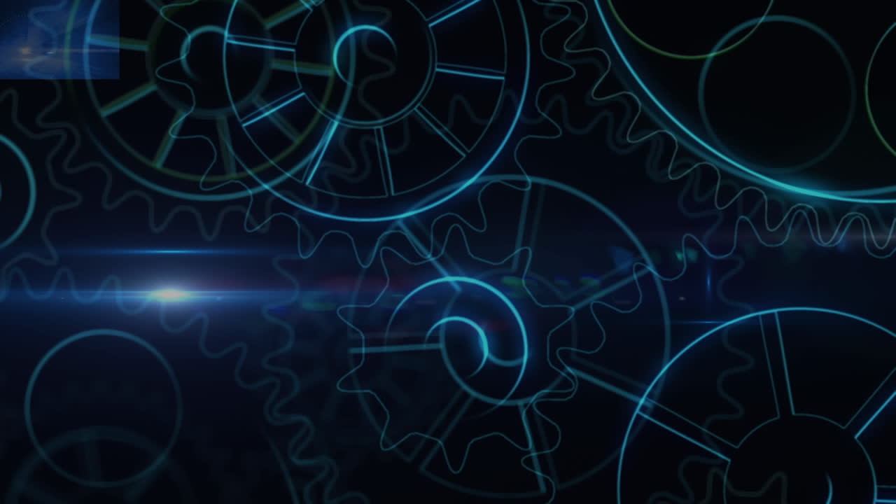 Animation of cogs and light trails on black background