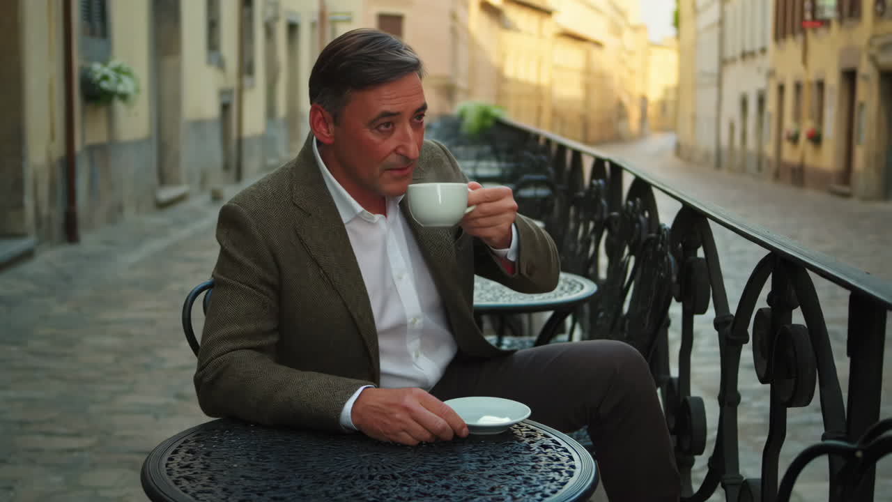 Uomo che si gode un caffè in un caffè all'aperto in una strada europea