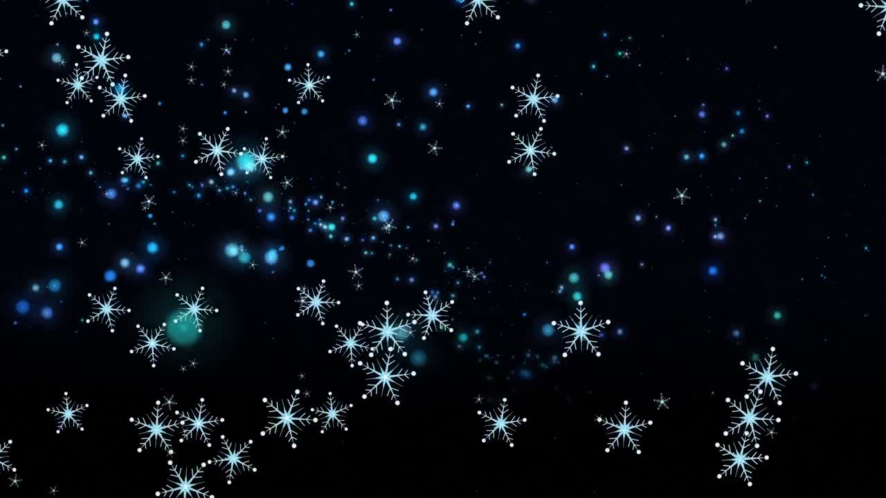 크리스마스 스노우플레이크와 검은색 배경의 파란색 불빛의 애니메이션.