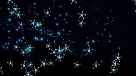animation of christmas snowflakes and blue lights on black background