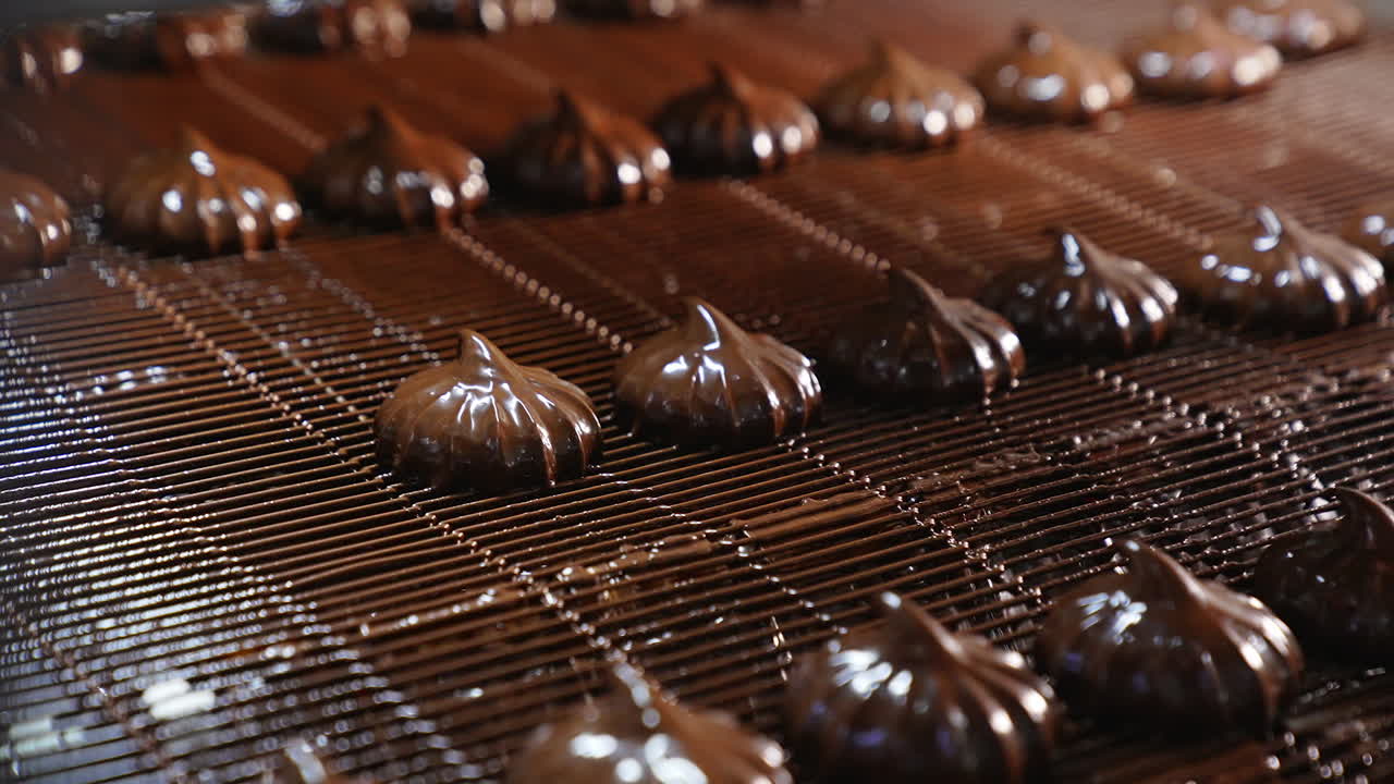 Shining marshmallows in chocolate coating move along the conveyor belt. Automated production of sweets at the factory. Close up.