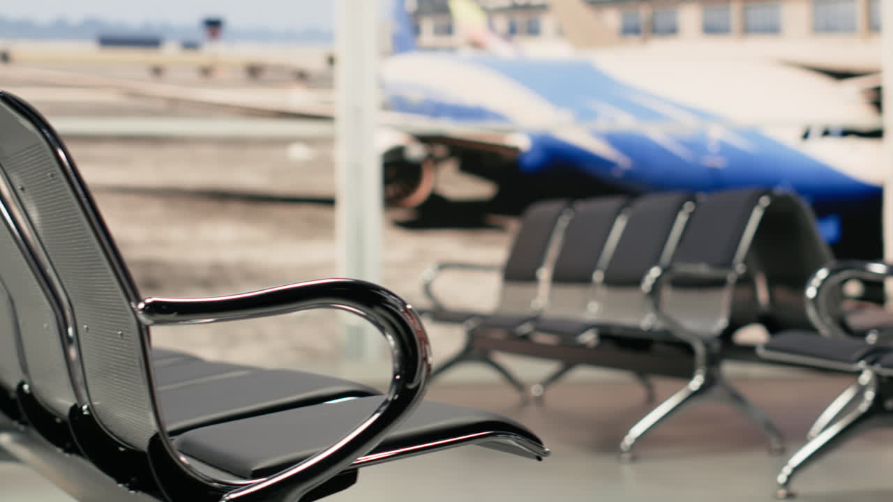 Empty Airport Waiting Area with View of Airplane on Tarmac