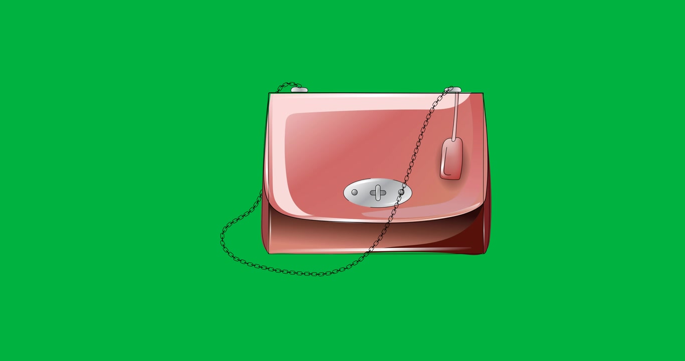 Animazione digitale di un'icona di borsa da donna che fluttua su sfondo nero