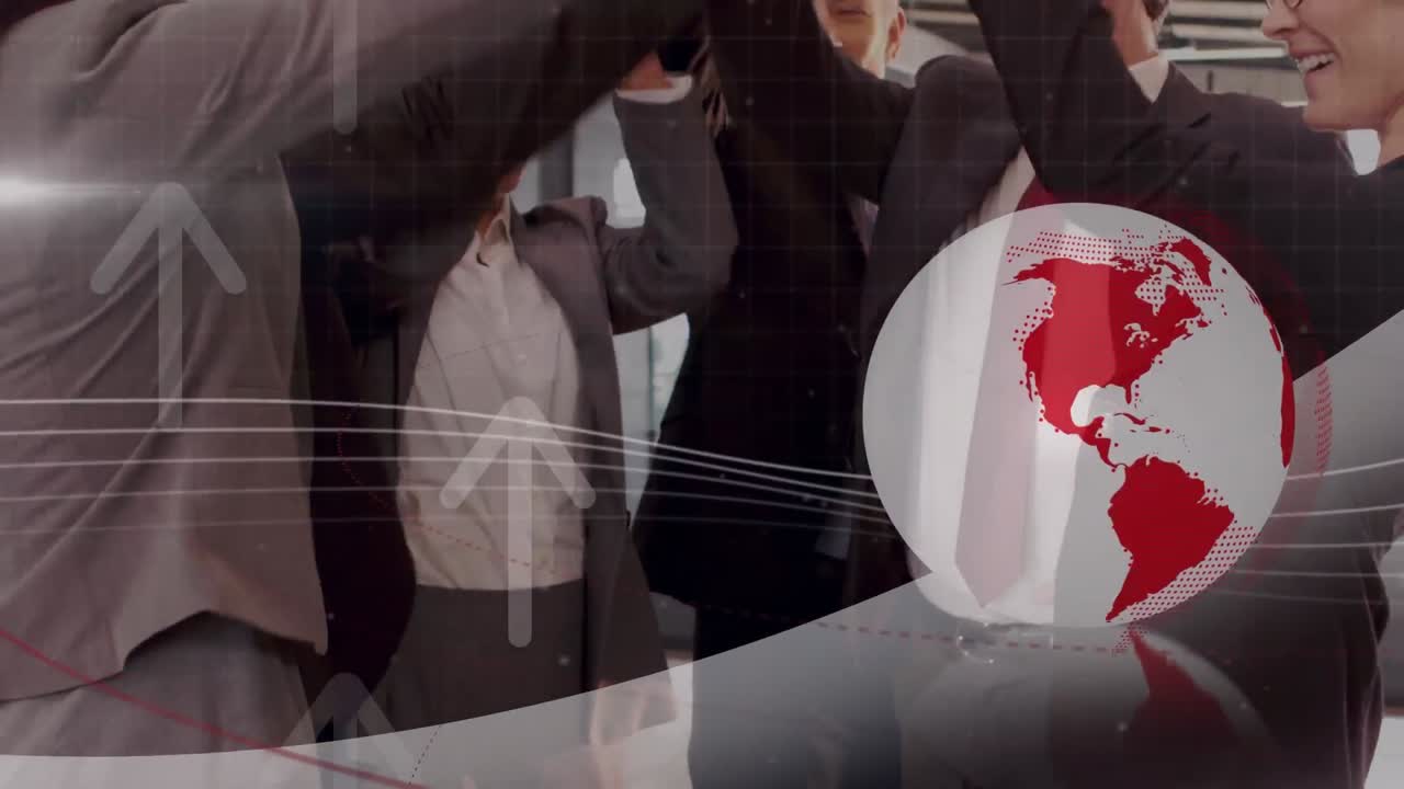 다양한 사업가들이 미소 짓는 화살표와 지구상의 애니메이션