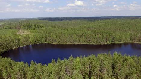 beautiful panning drone video of a forest lake in the finnish wilderness