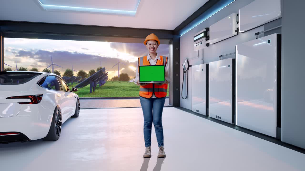 Full Body Of Asian Female Engineer With Safety Helmet Smiling And Showing Green Screen Laptop To The Camera With Home Energy Storage System In a Modern Garage
