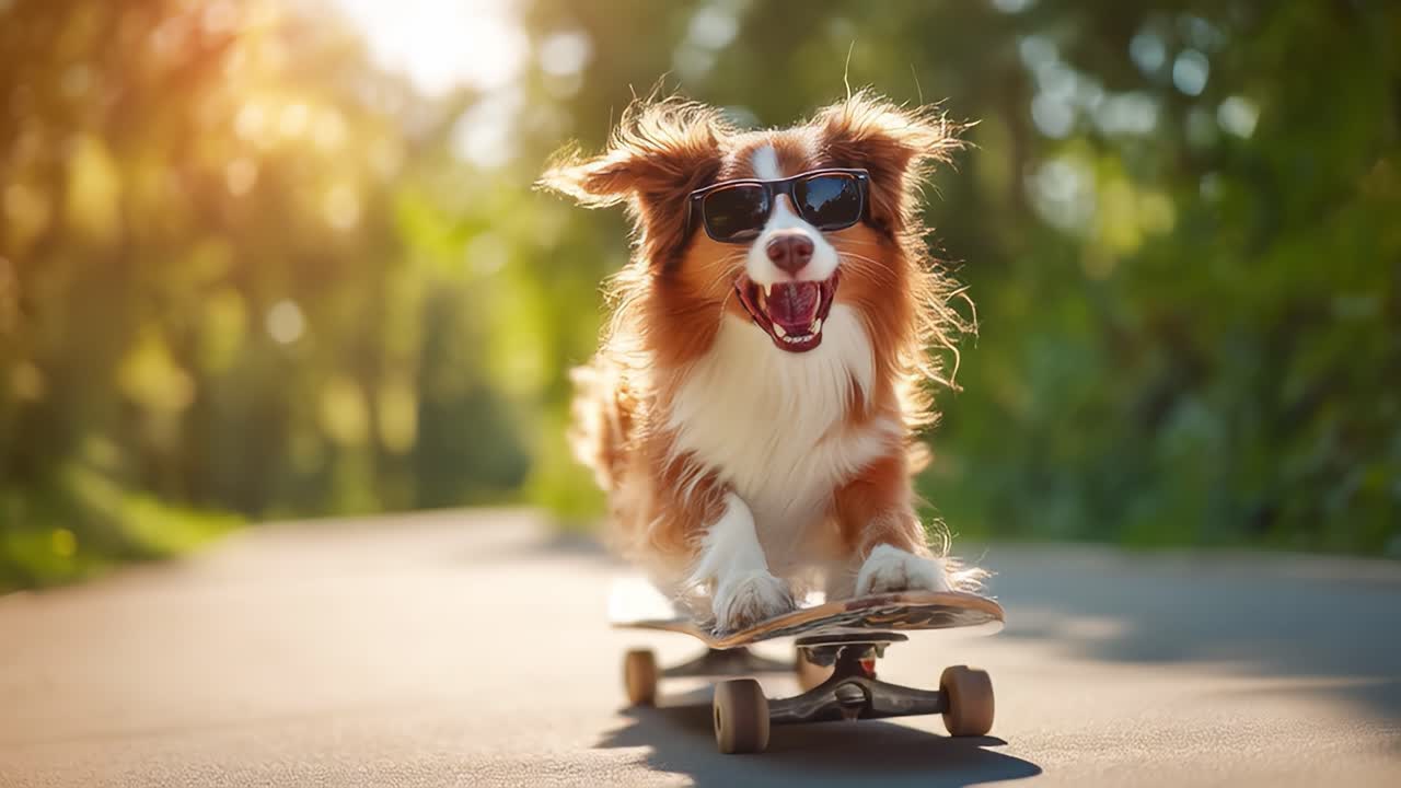 Adorable dog wearing sunglasses skateboarding on sunny path