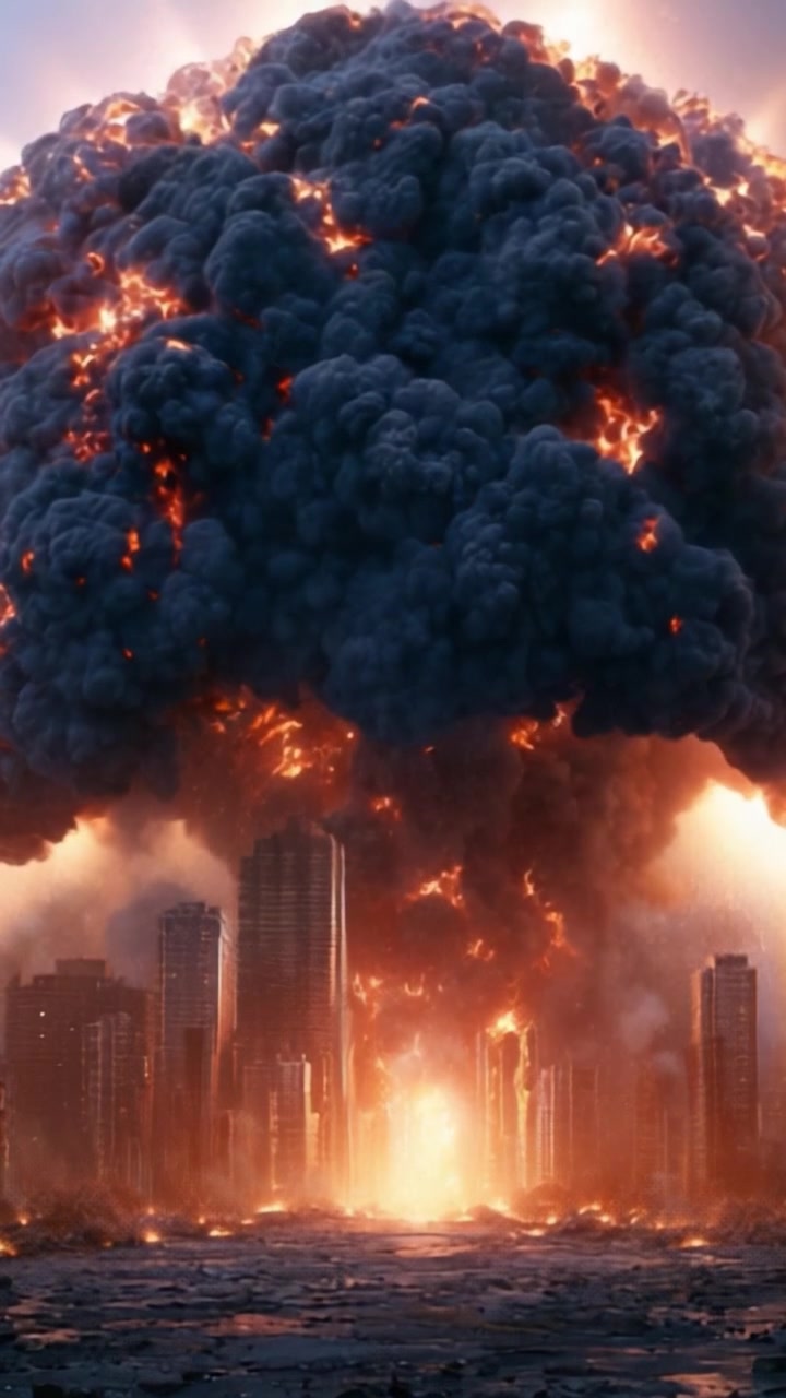 Esplosione drammatica su un paesaggio urbano: un evento catastrofico si dispiega con eruzioni infuocate che illuminano il paesaggio urbano sotto una tumultuosa nuvola di fumo e cenere.