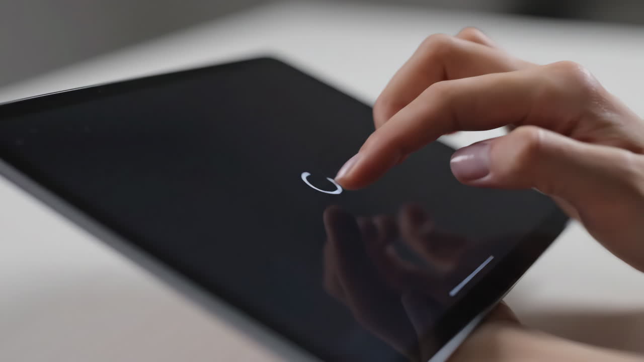 Close-up of Hand Interacting with Tablet Screen Showing Loading Animation