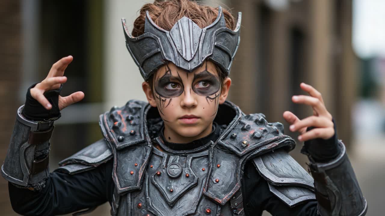 A Young Warrior in Fantasy Armor: Captivating Moment of a Child Donning Intricate Armor and Intense Face Paint Captures the Spirit of Adventure and Imagination