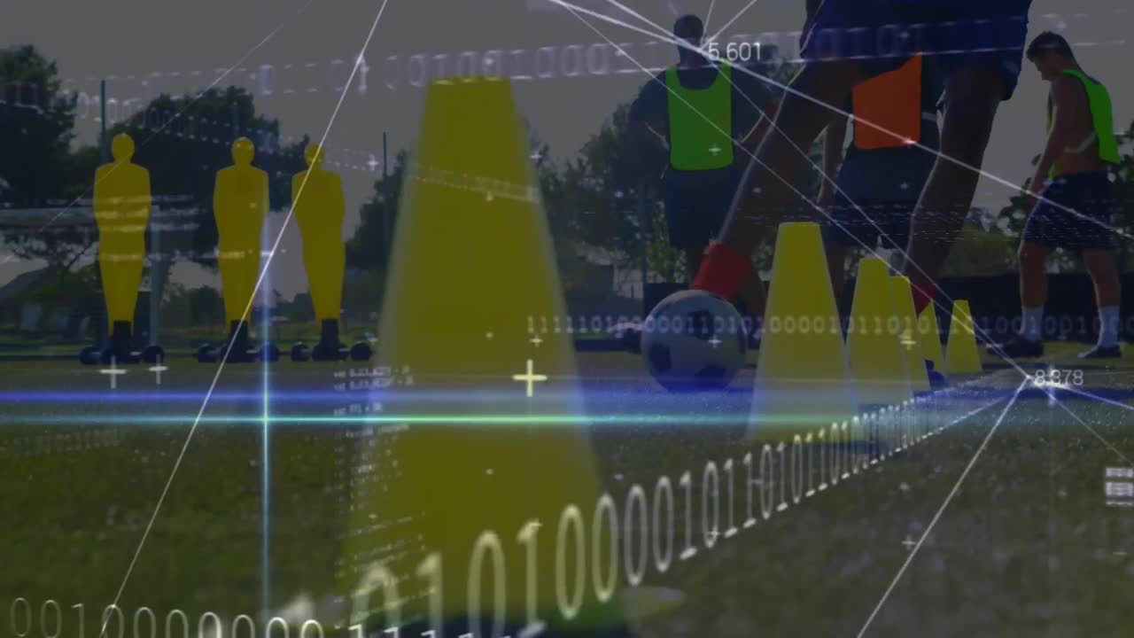 animación del procesamiento de datos sobre diversos jugadores de fútbol masculino que hacen ejercicio
