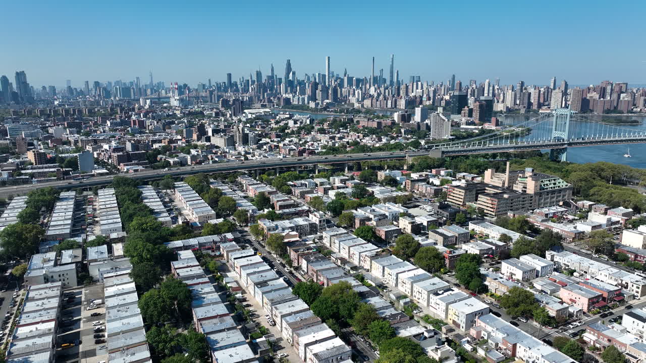 Dense Urban Landscape With Residential Area In Red Hook, Brooklyn, New York, United States. Aerial Drone Shot
