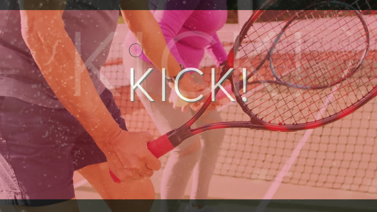 Senior couple swinging rackets at net on outdoor tennis court, showing KICK!! graphic for health