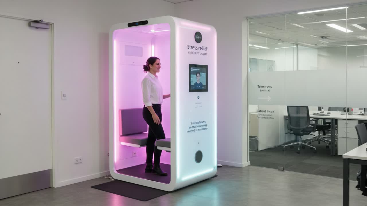 Innovative Stress-Relief Booth Designed for Corporate Workspaces, Offering a Modern Solution to Enhance Mental Well-Being and Promote Relaxation Among Employees