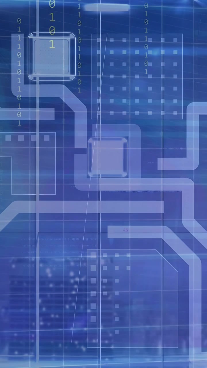 Vertical video: Schematic activating via scanline pulse, binary flowing, traces arcing to show data