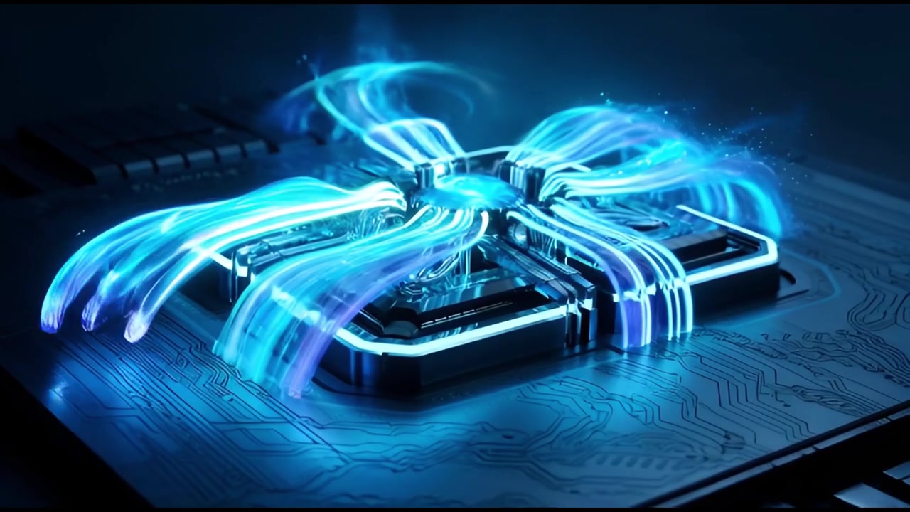 Futuristisk CPU-processor med glødende blåt dataflow på printplade.