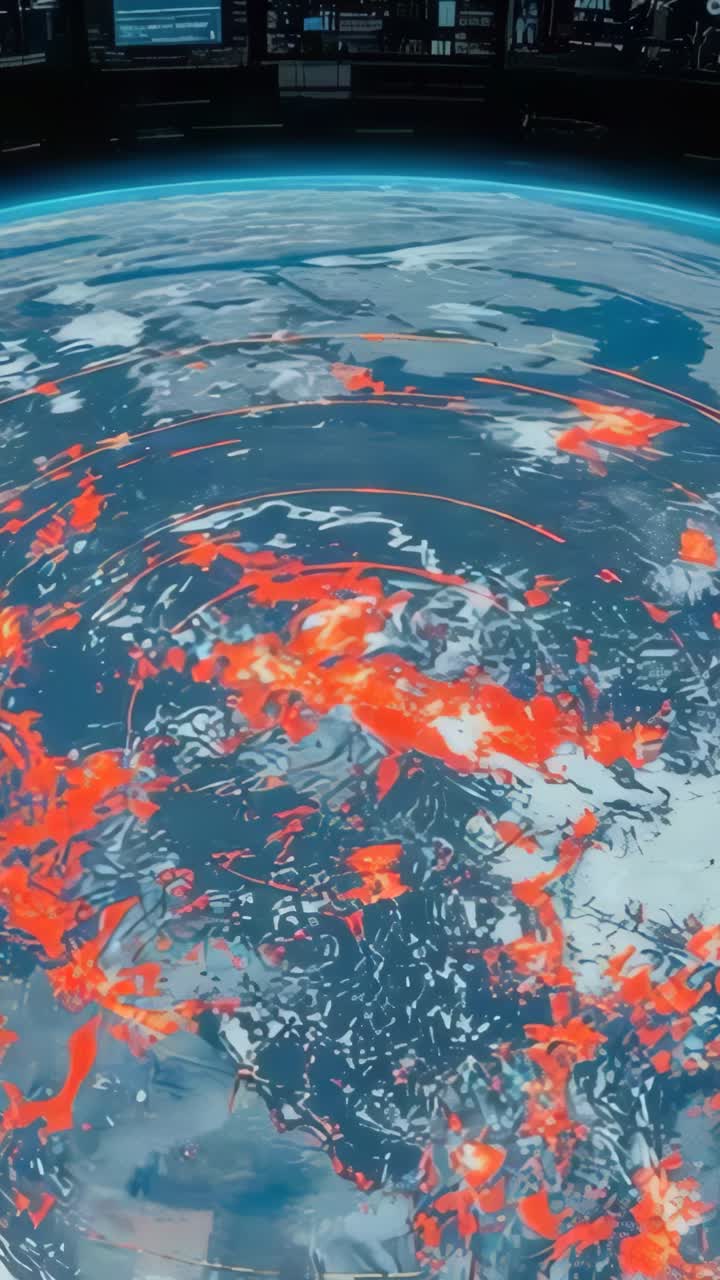 Vertical video: Opening control deck view showing rotating Earth hologram with red data rings