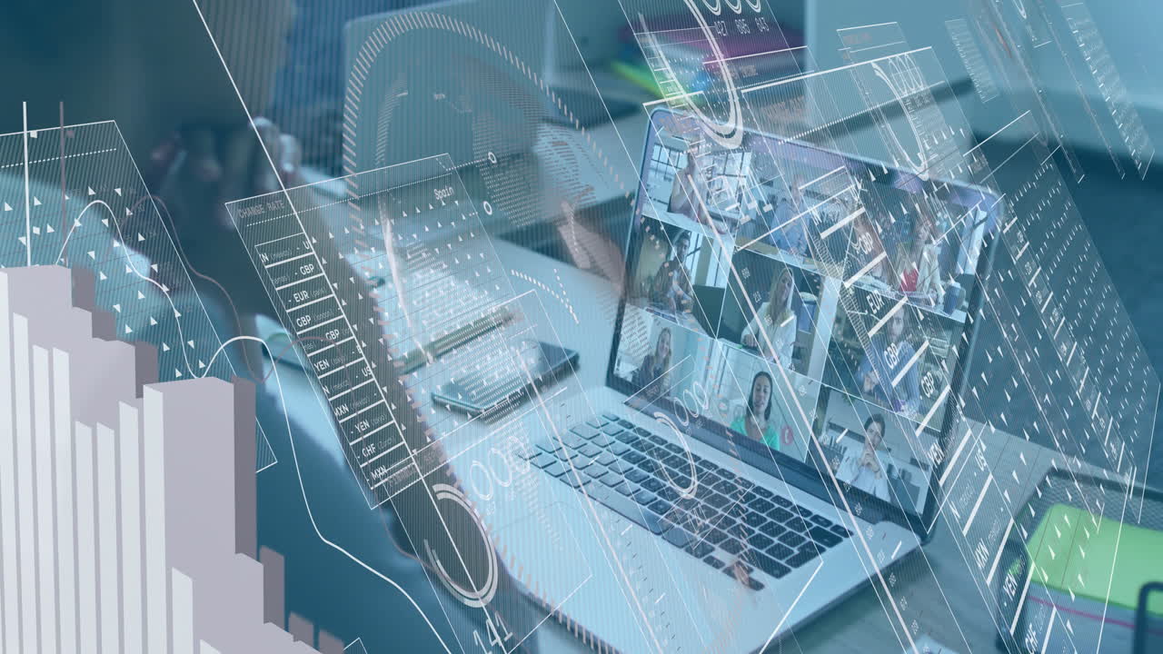 Remote team discussing finance data on laptop desk, showing floating charts and currency tables