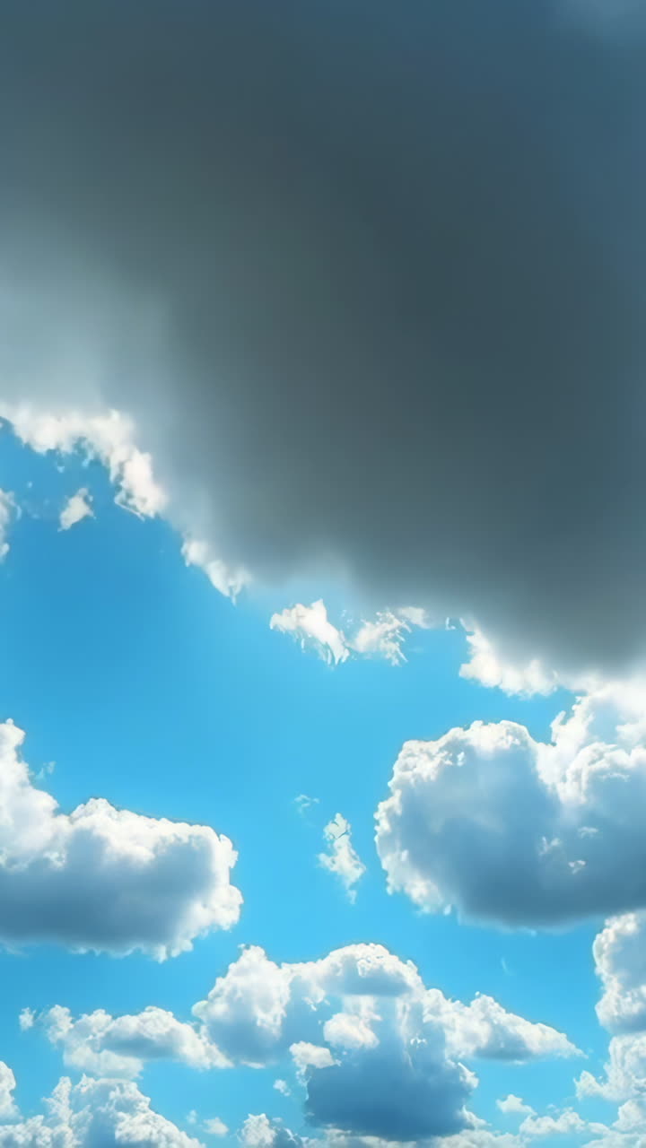 Blue sky with fluffy clouds. Fluffy white clouds drift across a bright blue sky on a sunny day, creating a serene and picturesque atmosphere.