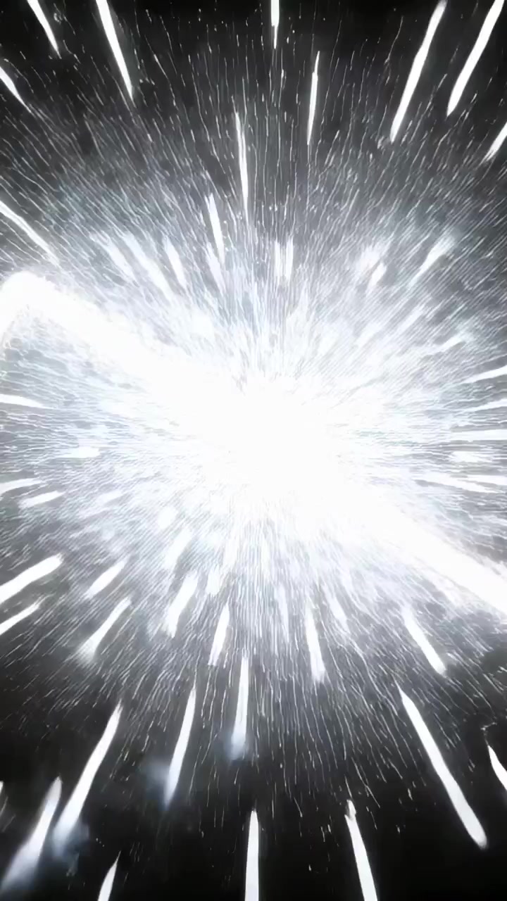Vertikal video: Forårsager et indledende glimt, et centralt udbrud sender gnister ud i et sort tomrum, diagonalt bånd.