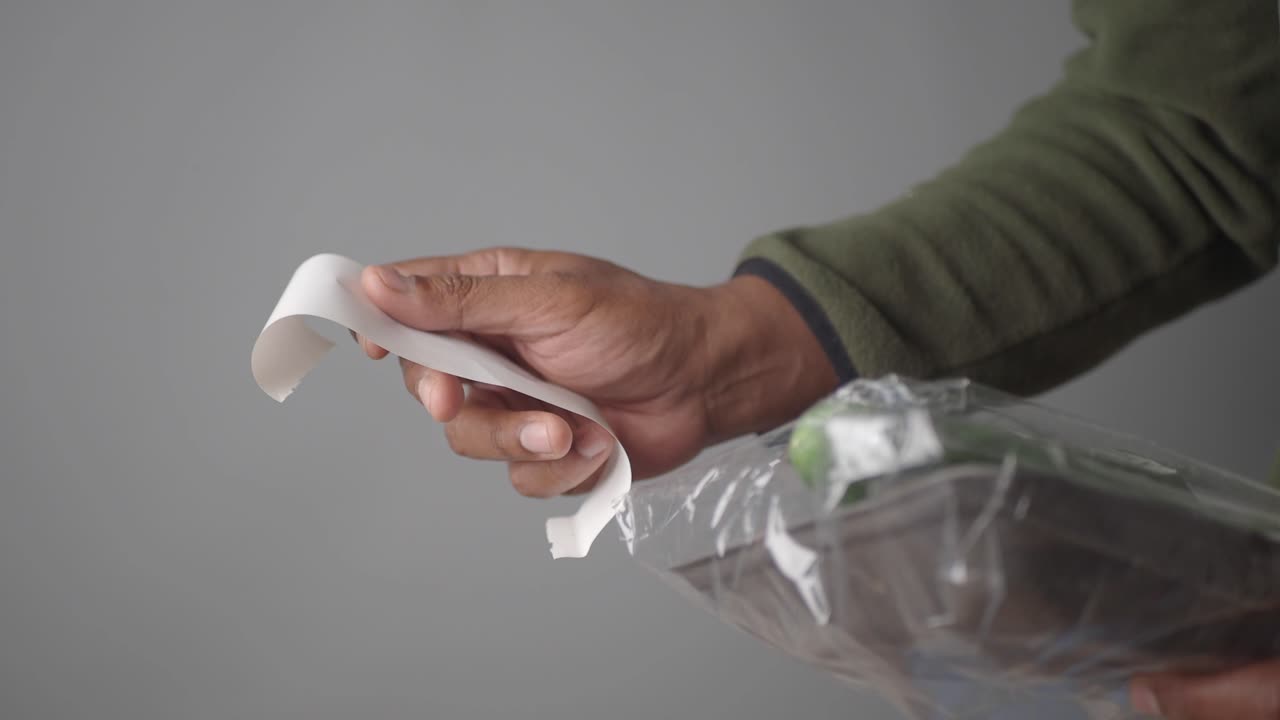 플라스틱 포장 에서 테이프 를 제거 하는 사람