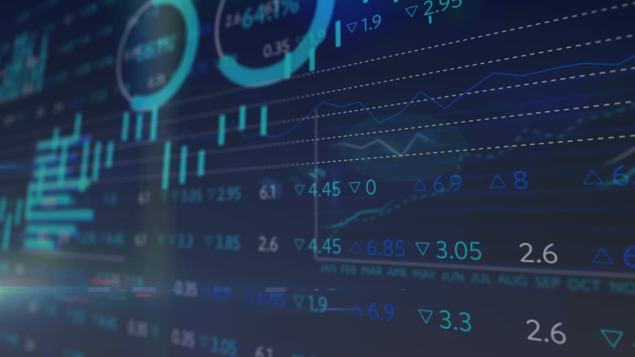Animation of statistics and financial data processing on blue background