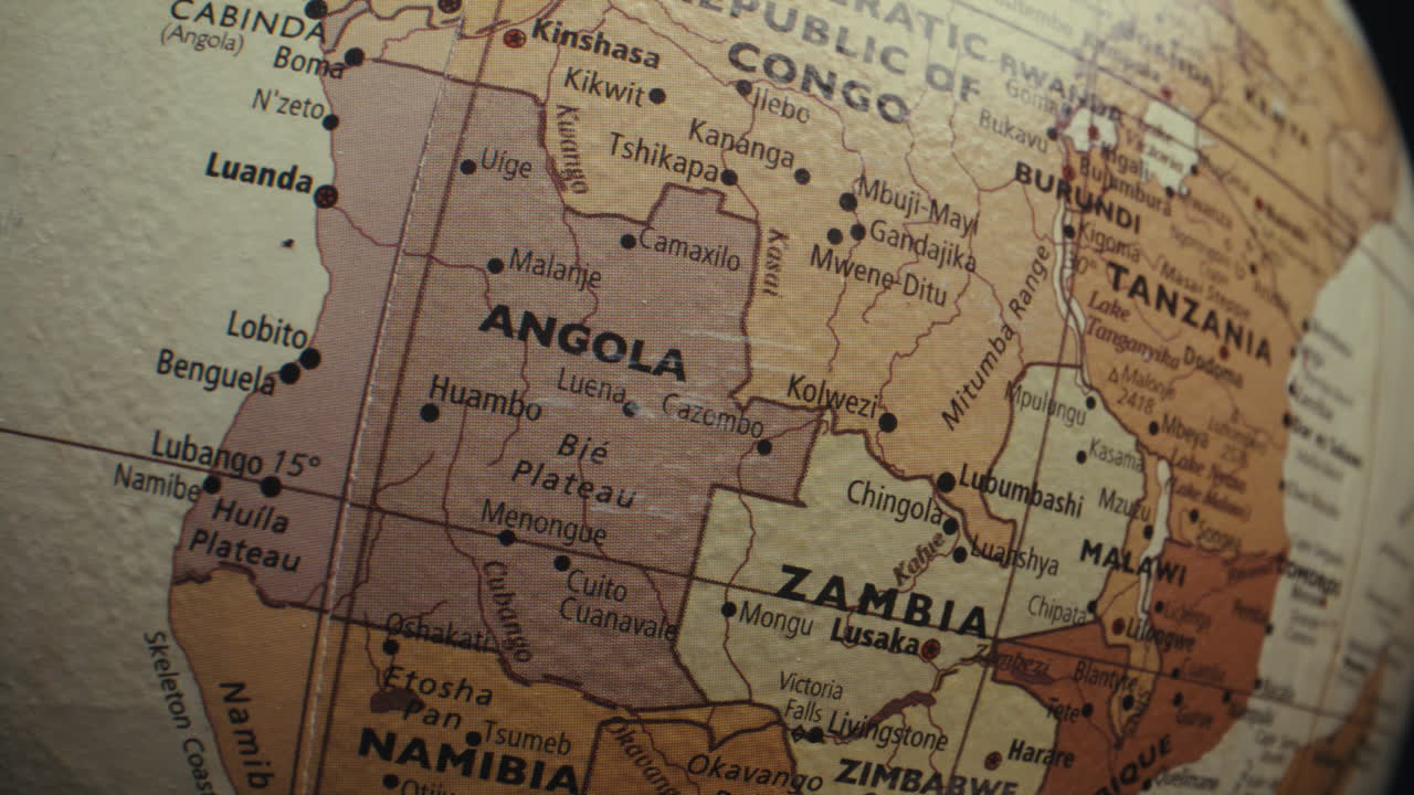 Close-up of a vintage world globe, focusing on Southern Africa