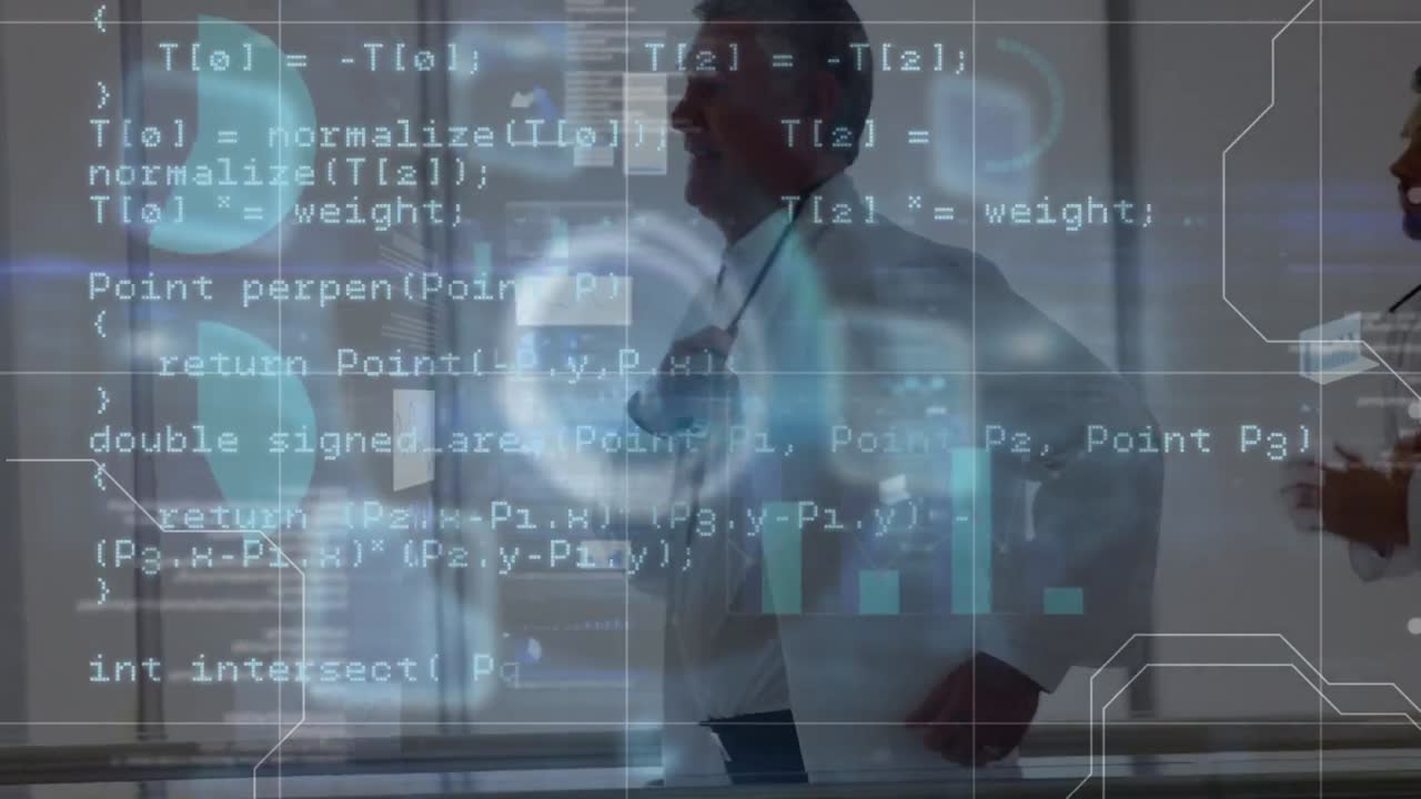 Animation of data processing over caucasian male doctor running