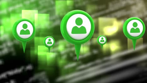 animación de múltiples personas verdes iconos digitales sobre cuadrados verdes brillantes en el fondo