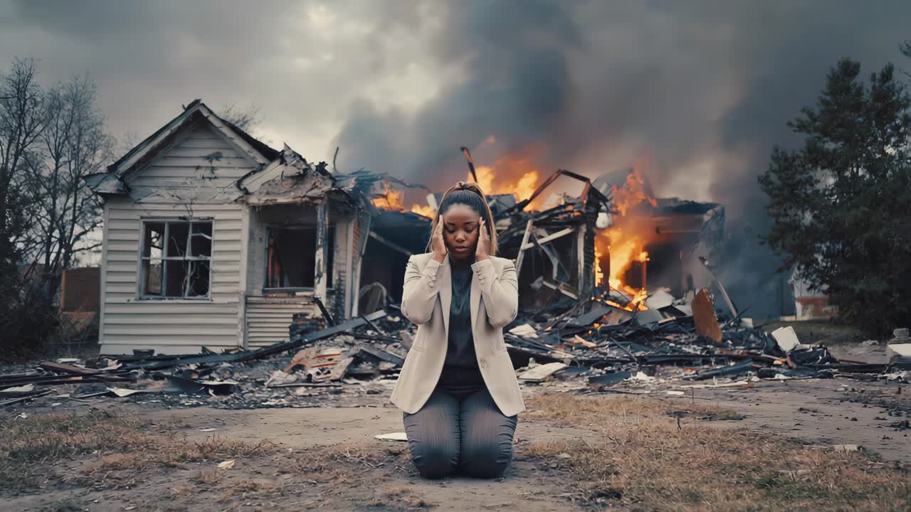 Woman Kneeling Before Burning House