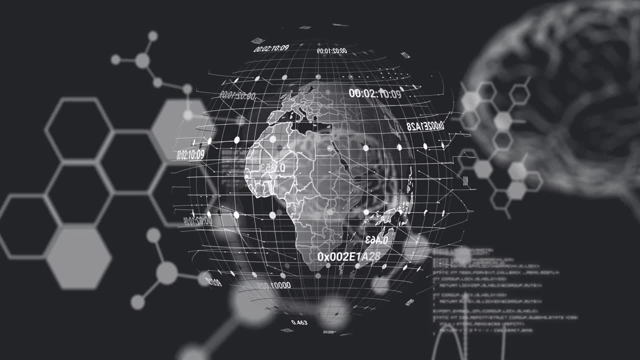 검은색 배경에 과학 데이터 위에 회전하는 지구의 애니메이션