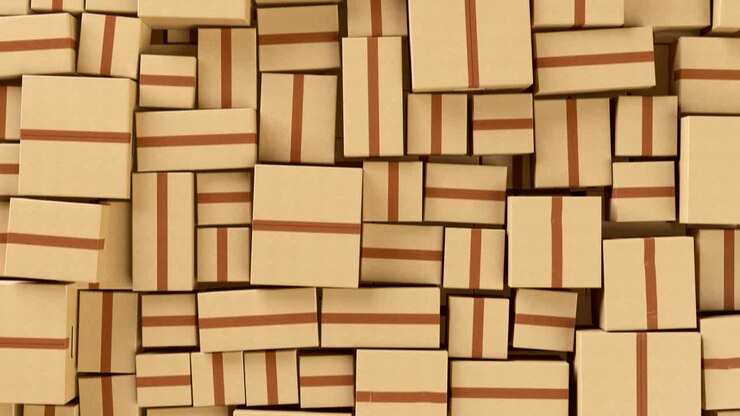 Abstract Beautiful Cardboard Boxes Wall Seamless. Looped 3d Animation of Many Parcels. Delivery, Storage and Transportation Concept.