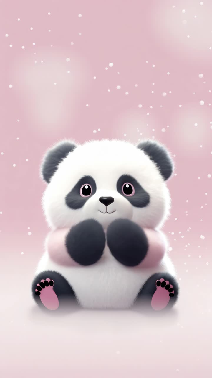 Un simpatico peluche di panda posizionato al centro su uno sfondo rosa tenue con brillantini fluttuanti