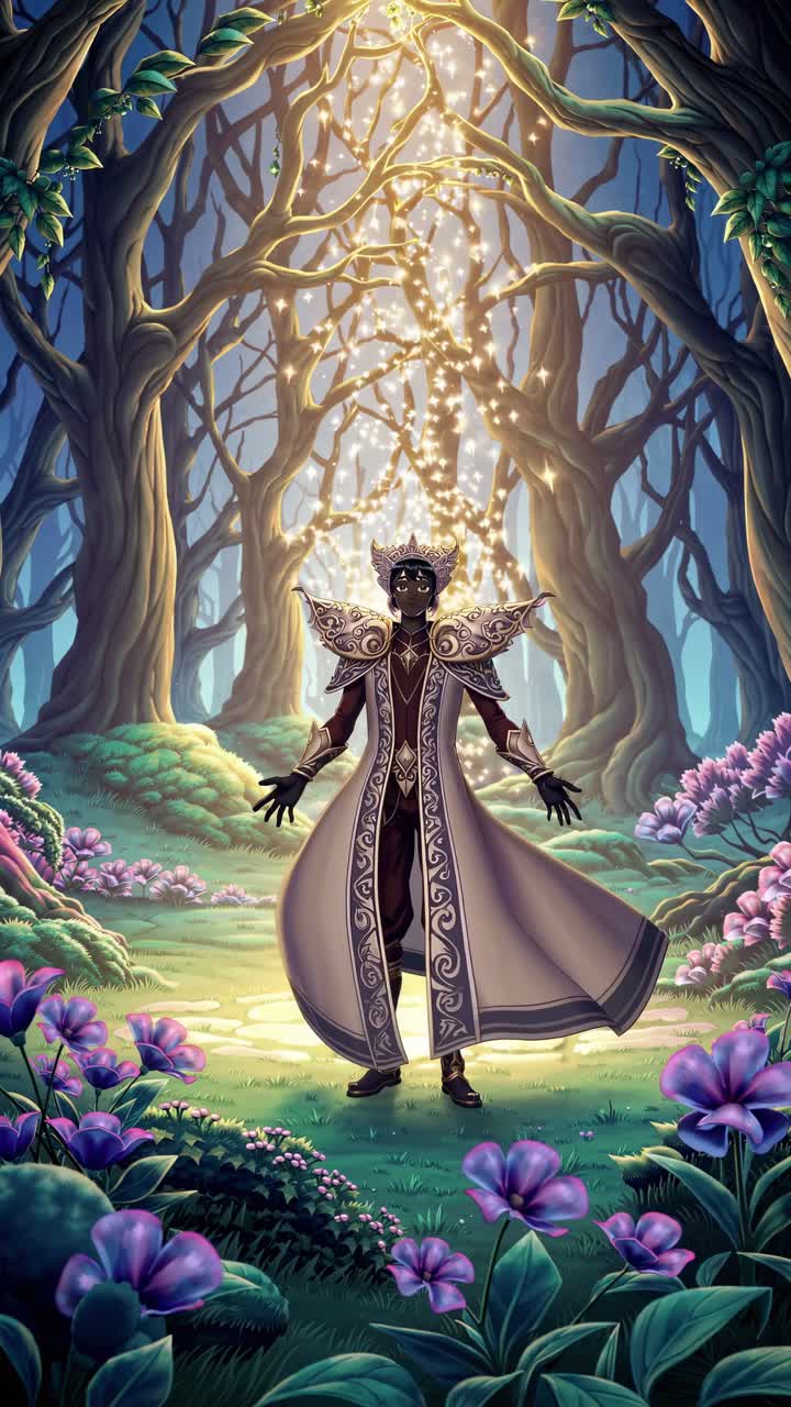 Sorcerer wearing an elegant robe and a crown is standing in a clearing in an enchanted forest, receiving a stream of magical light from above, surrounded by colorful flowers and lush vegetation