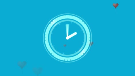 Neon-ticking-digital-clock-against-multiple-heart-shaped-balloons-falling-on-blue-background